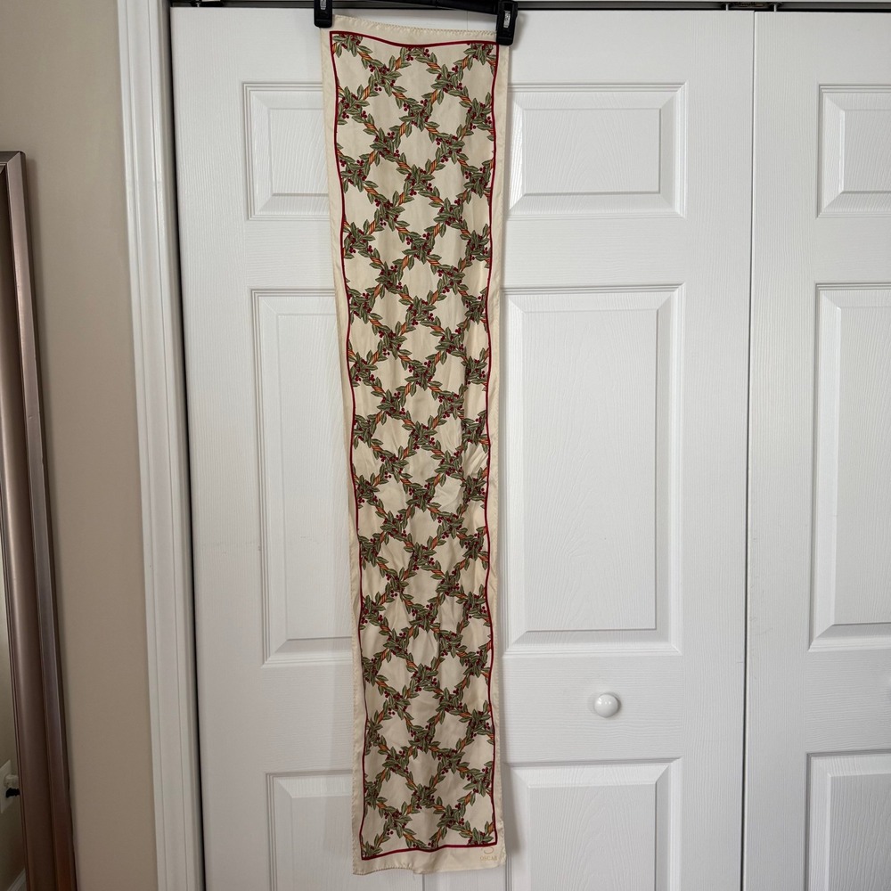 Oscar de la Renta Silk Scarf Cream Holly Berry Holiday Trellis Oblong 53x10